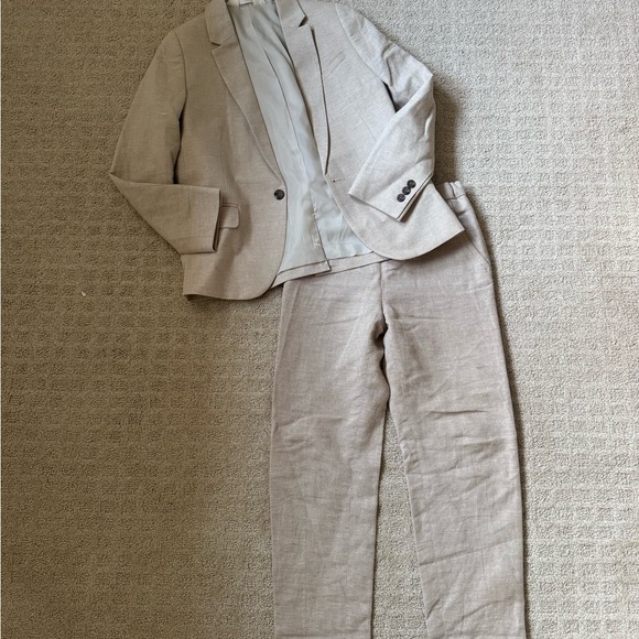 H&M boys beige tan color 2pc linen blend blazer jacket & pants set size 7 years - Picture 2 of 5